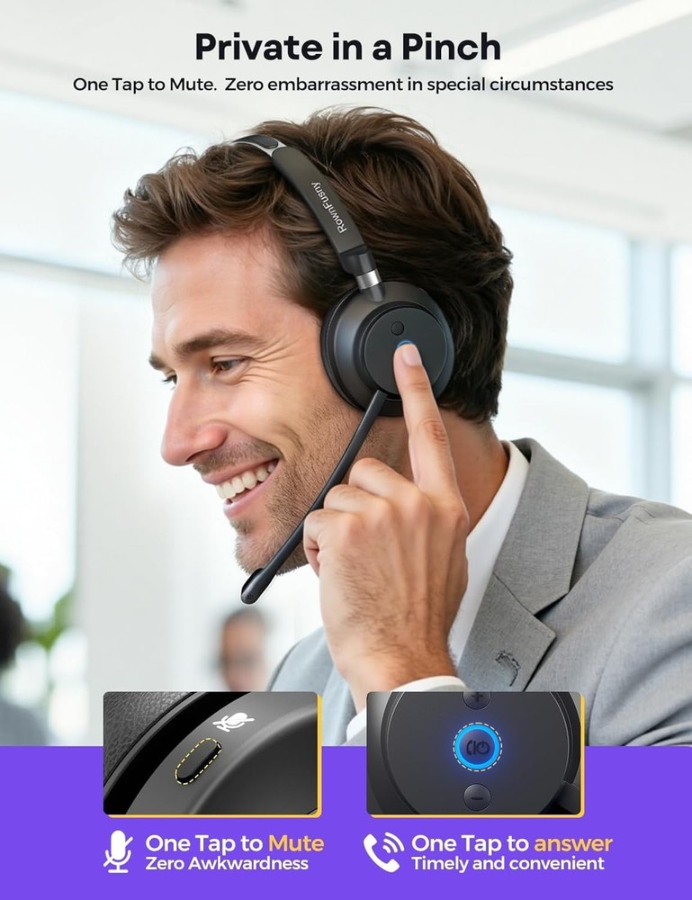 Wireless Headset with Mic for Work, Clear Sound ＆ Comfortable ＆ Stable Connectio