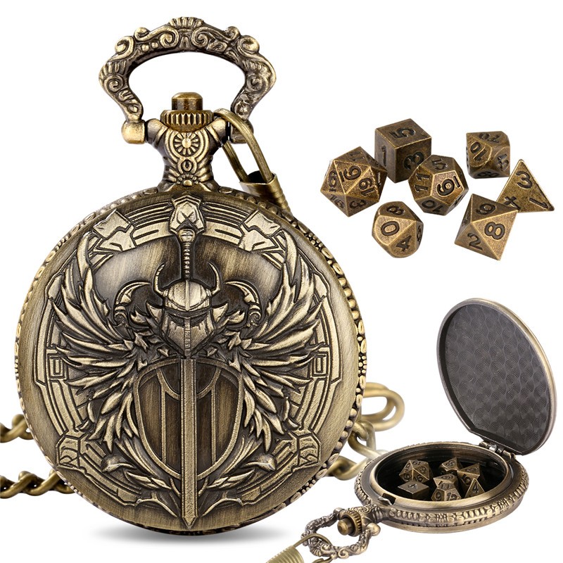 7pcs Mini Solid Metal Polyhedral DND Dice Set Paladin Pocket Watch Case Bronze