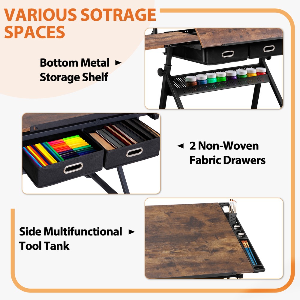 Adjustable Height Drafting Drawing Table Tiltable Tabletop Edge Stopper Retro