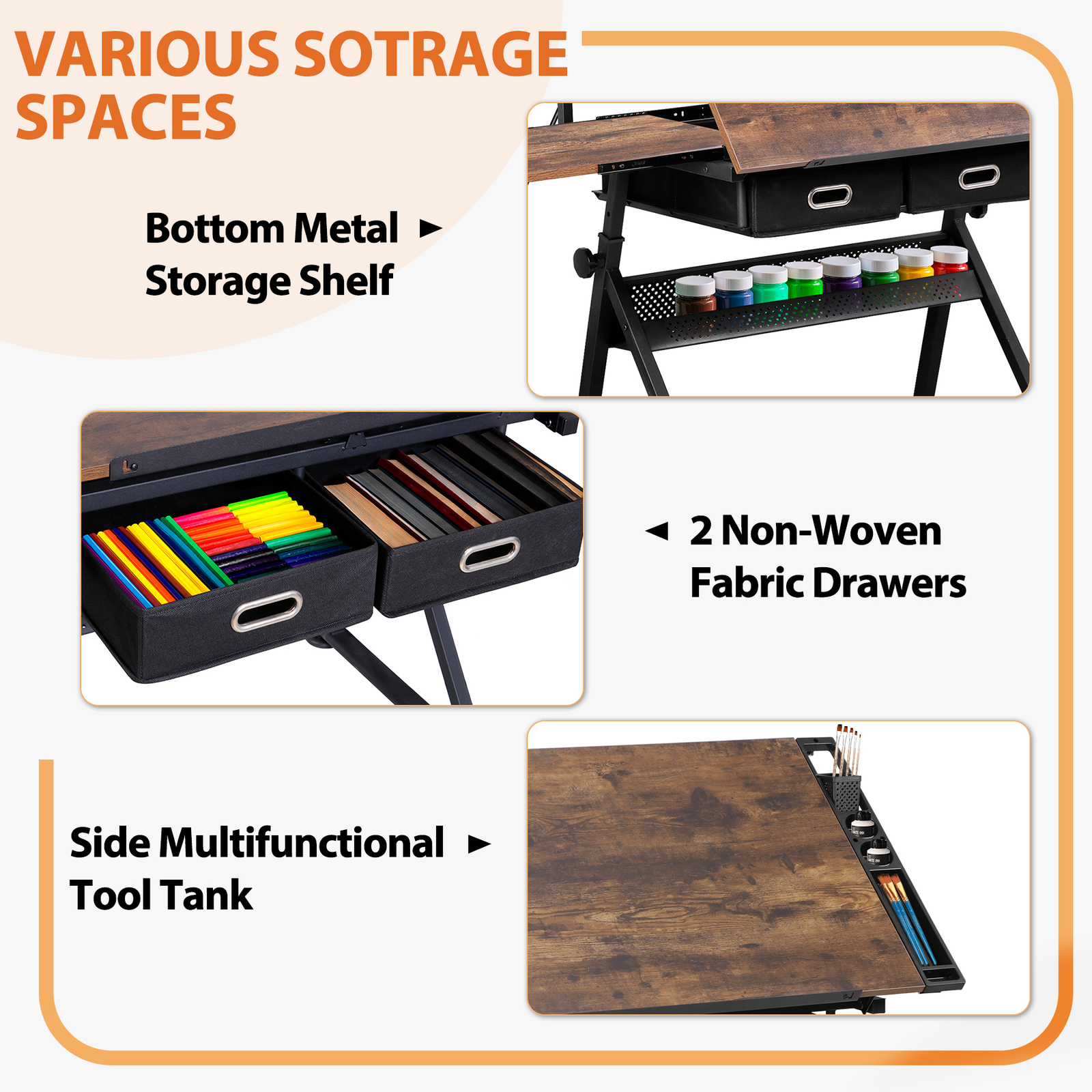 Drafting Drawing Table Adjustable Art Craft Desk with Power Outlet & Stool Retro