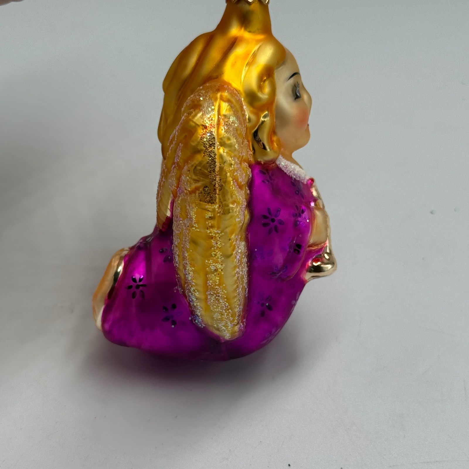 Vintage Glass Angel Christmas Ornament Trumpet Purple Gold West Germany