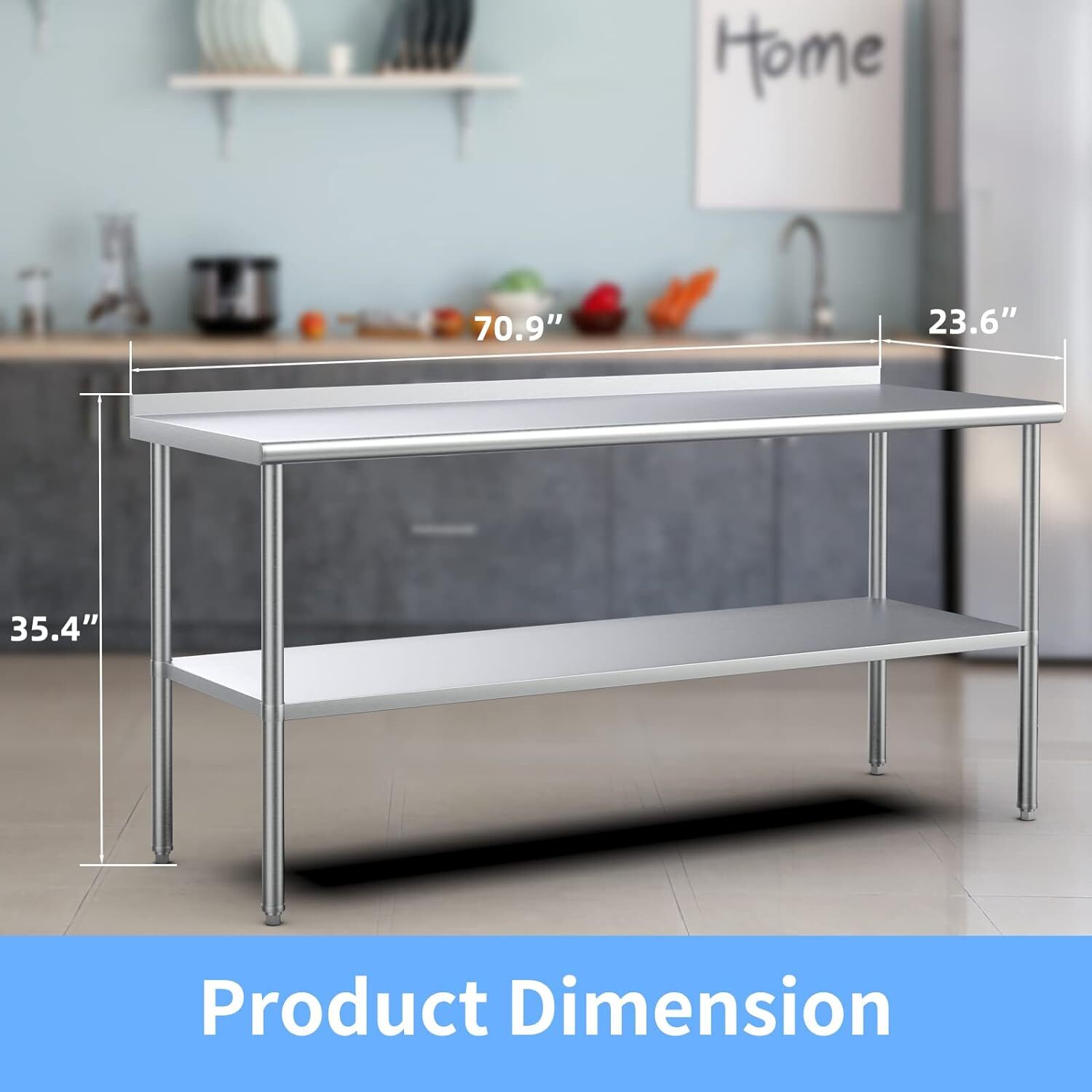 72'' x 24'' Stainless Steel Table for Prep & Work with Backsplash for Kitchen