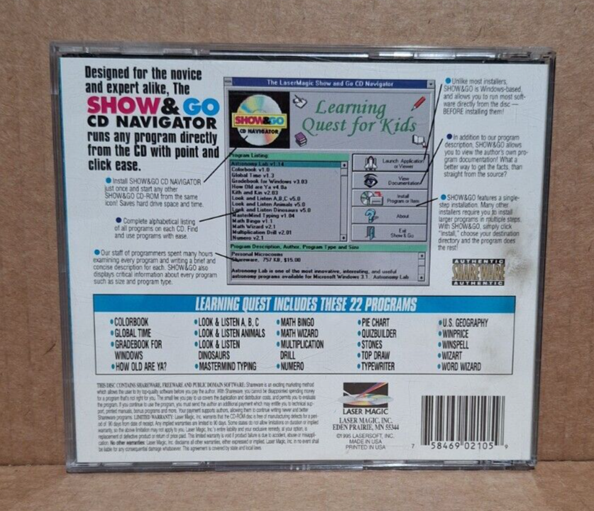 Learning Quest (PC, 1995) - Educational Shareware Disc from Laser Magic, Tested