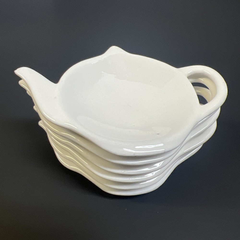 Tea Bag Holders Teapot Shaped White Ceramic Stacking Set/6 *Read*