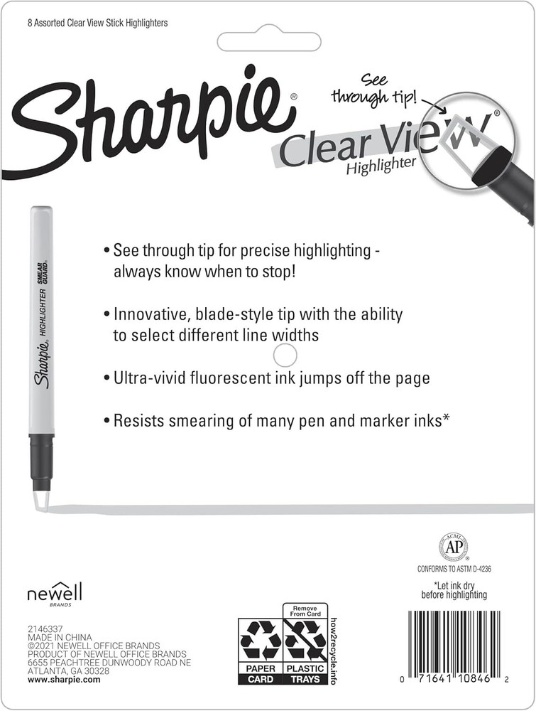 Sharpie Clear View Highlighter Sticks, Chisel 8 Count (Pack of 1), Assorted