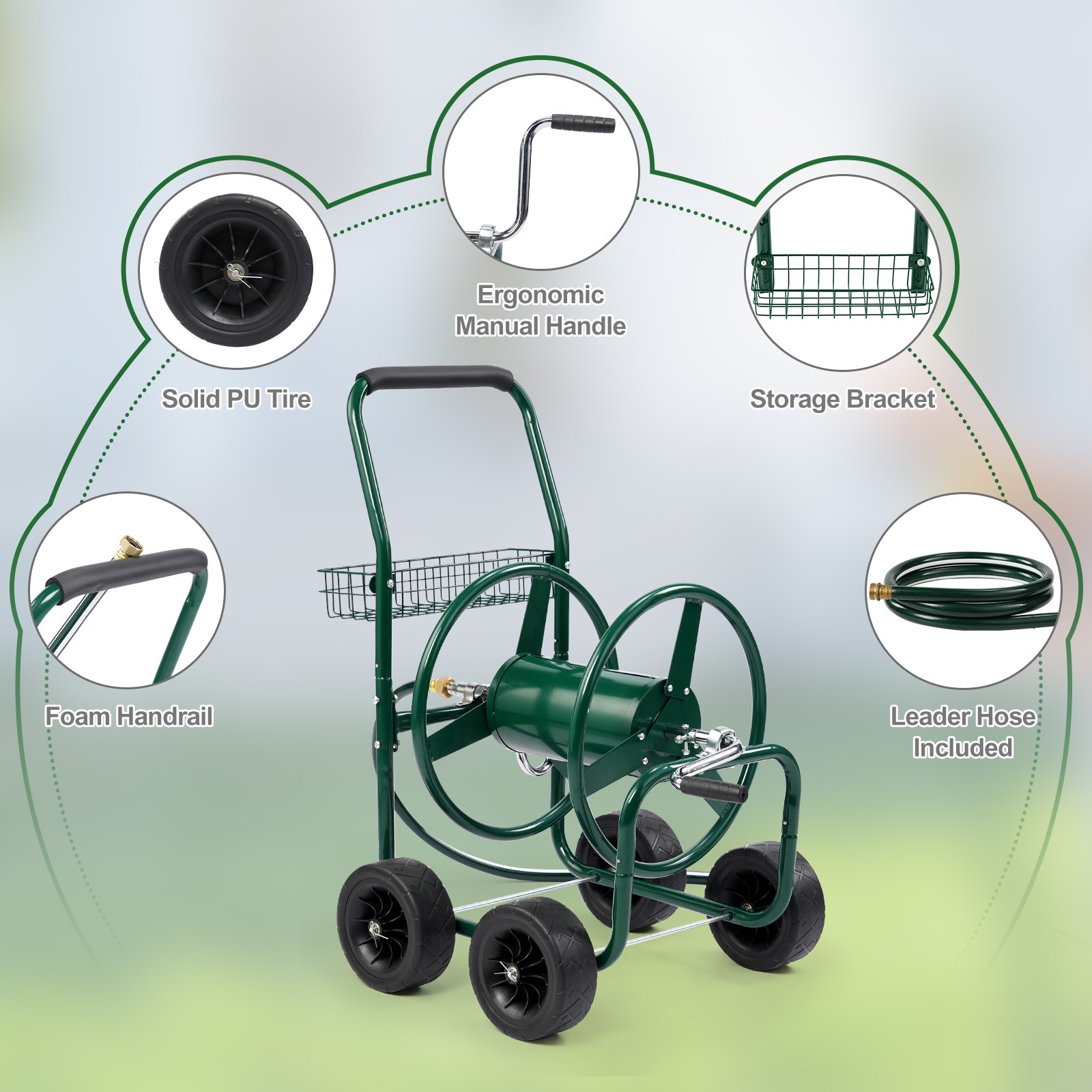 Hose Reel Cart with Storage Basket Green Holds 250 ft Hose