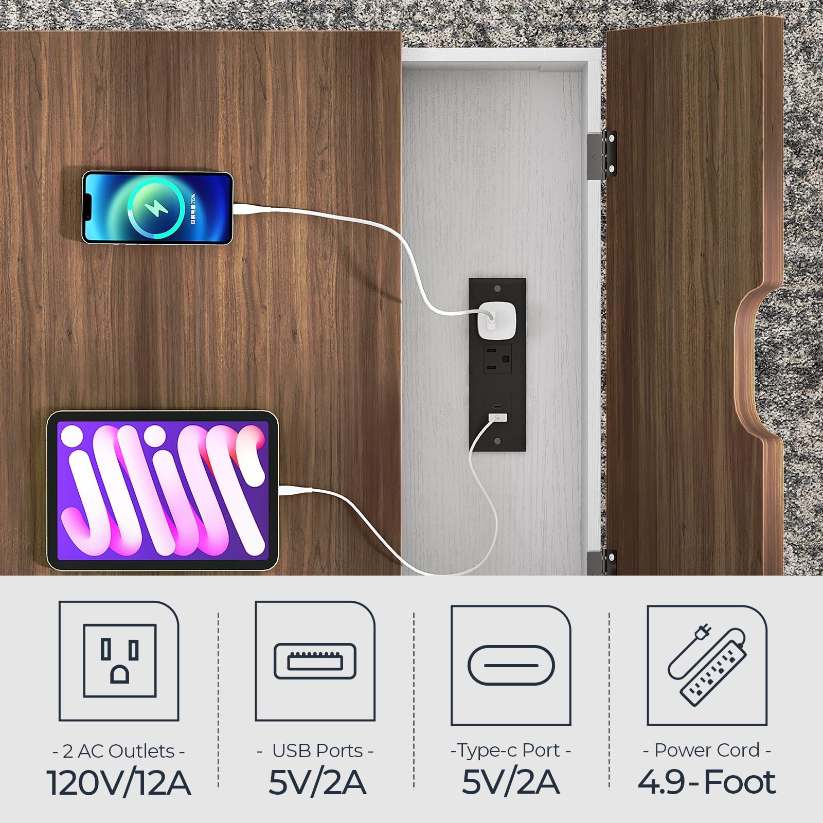 Farmhouse End Table with Charging Station Barn Door Flip Top