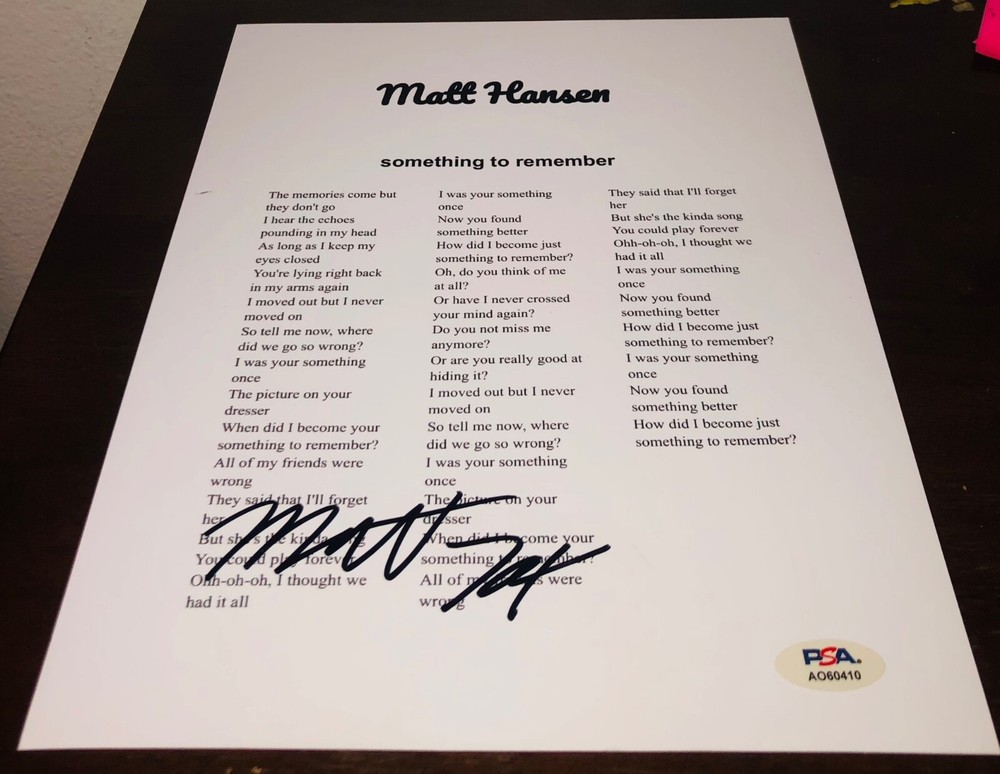 Matt Hansen Something To Remember Signed Lyric Sheet PSA RARE A