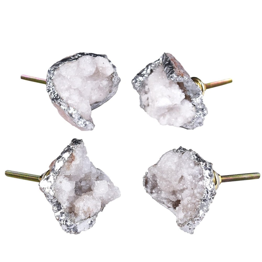 AMOYSTONE Crystal Geode Drawer Knobs Natural White Healing Crystal Stone Silv...