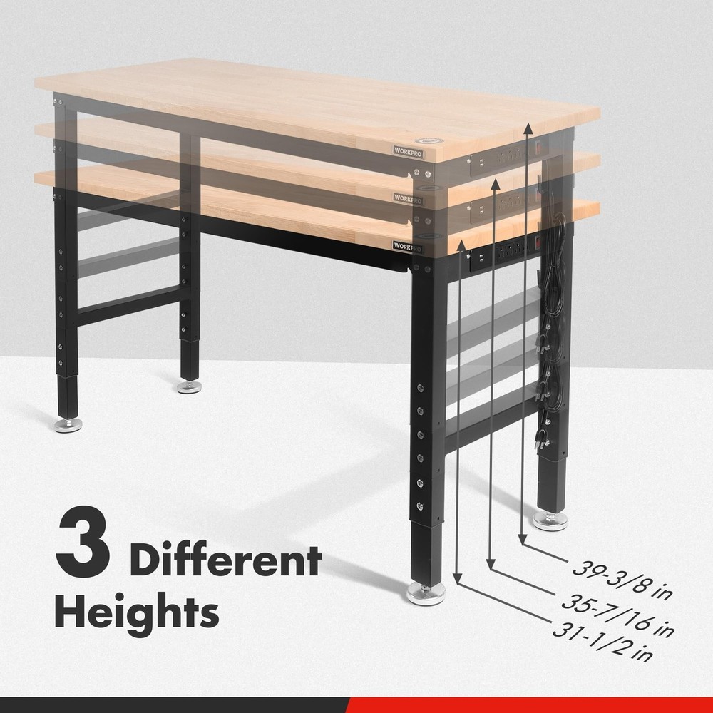48" Worktable Adjustable Heavy-Duty Steel Frame Solid Rubberwood Tabletop Power
