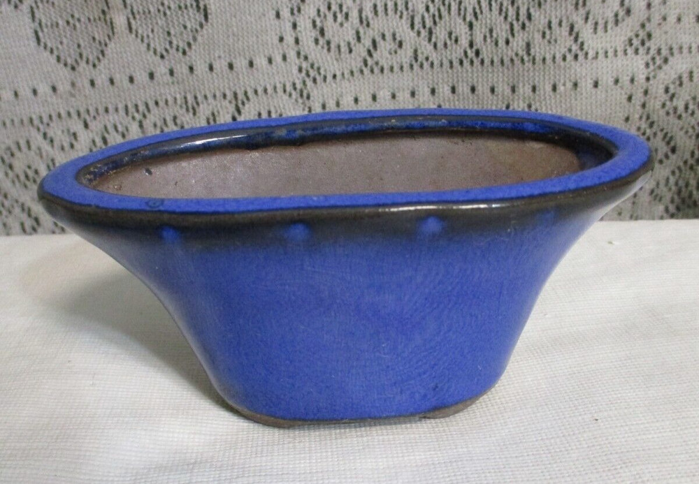 Miniature Oval Blue Pottery Footed Planter - 2.25" tall