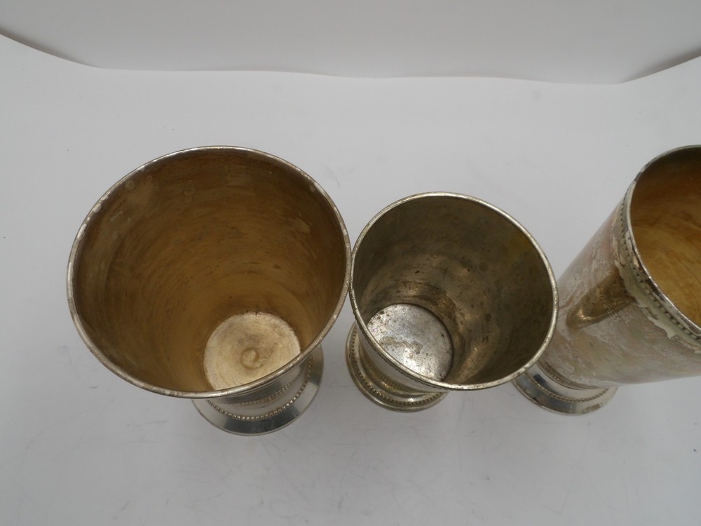 3 Vintage Silverplate Beakers / Cus / Vases Unmarked