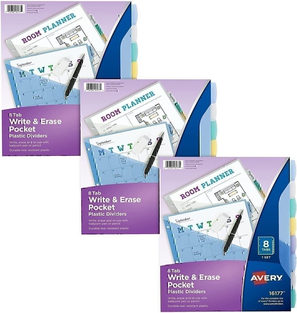 Avery Write & Erase Pocket Plastic Dividers for 3 Ring Binders, 8-Tab 3 Sets