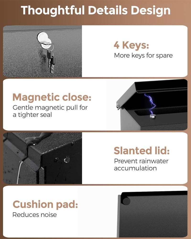 Locking Wall-Mount Mailbox for Outside, with 4 Keys, Galvanized Steel Rustproof