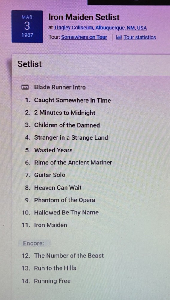 1987 IRON MAIDEN / VINNIE VINCENT INVASION ALBUQUERQUE NM CONCERT TICKET STUB