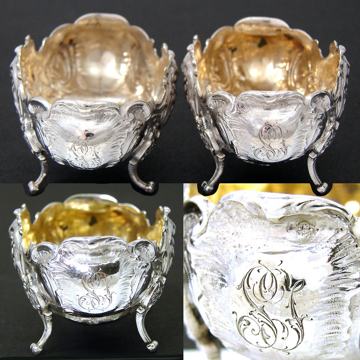 Fab Pair Antique French .800 (nearly sterling) Silver Open Salts, Louis XV Style