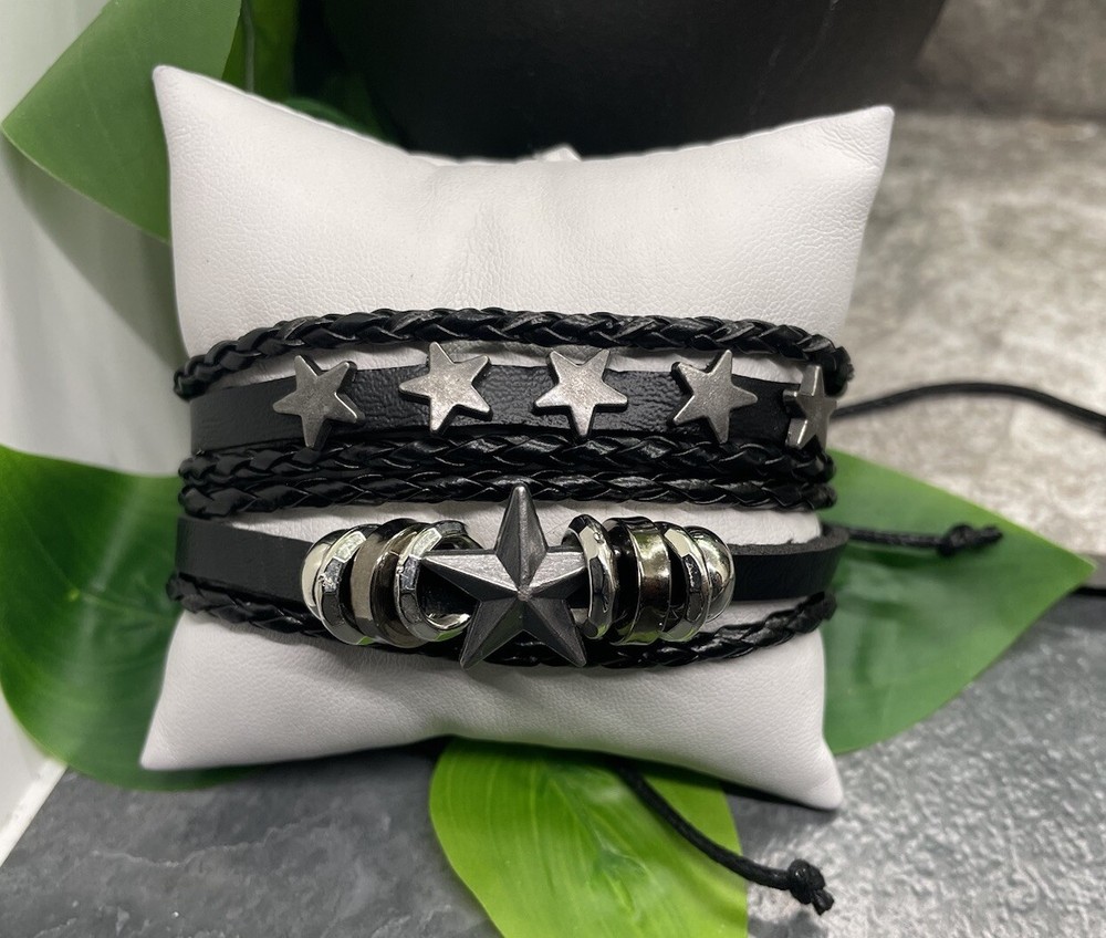2 PC Leather Bracelet Star Stackable Adjustable Tie Free Ship B3270