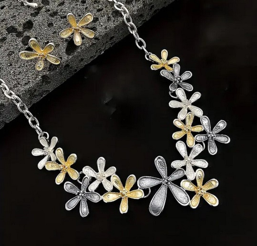 Blue pink daisy flower necklace earring set