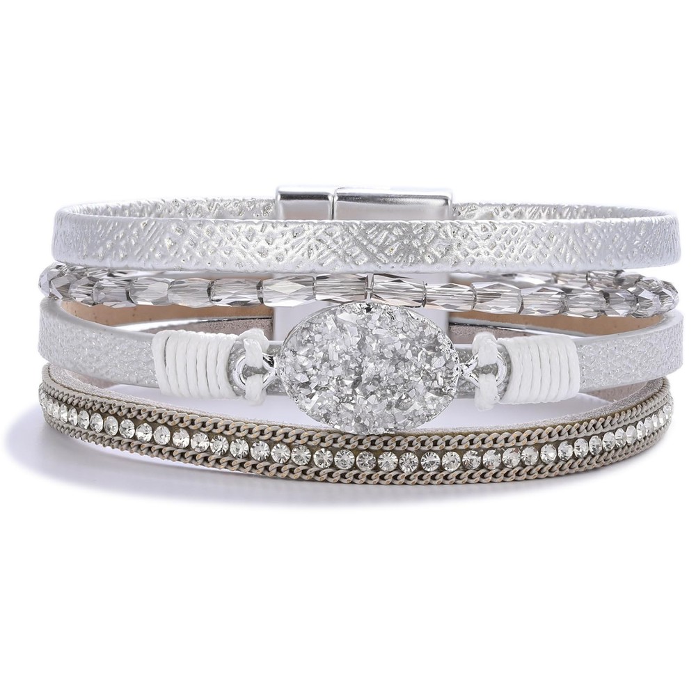 FANCY SHINY Boho Leather Wrap Bracelet Stackable Chunky Crystal Cuff Bracelet...