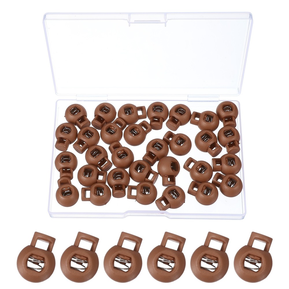 30Pcs Round Cord Lock Spring Loaded Toggle Stoppers with Box Light Brown