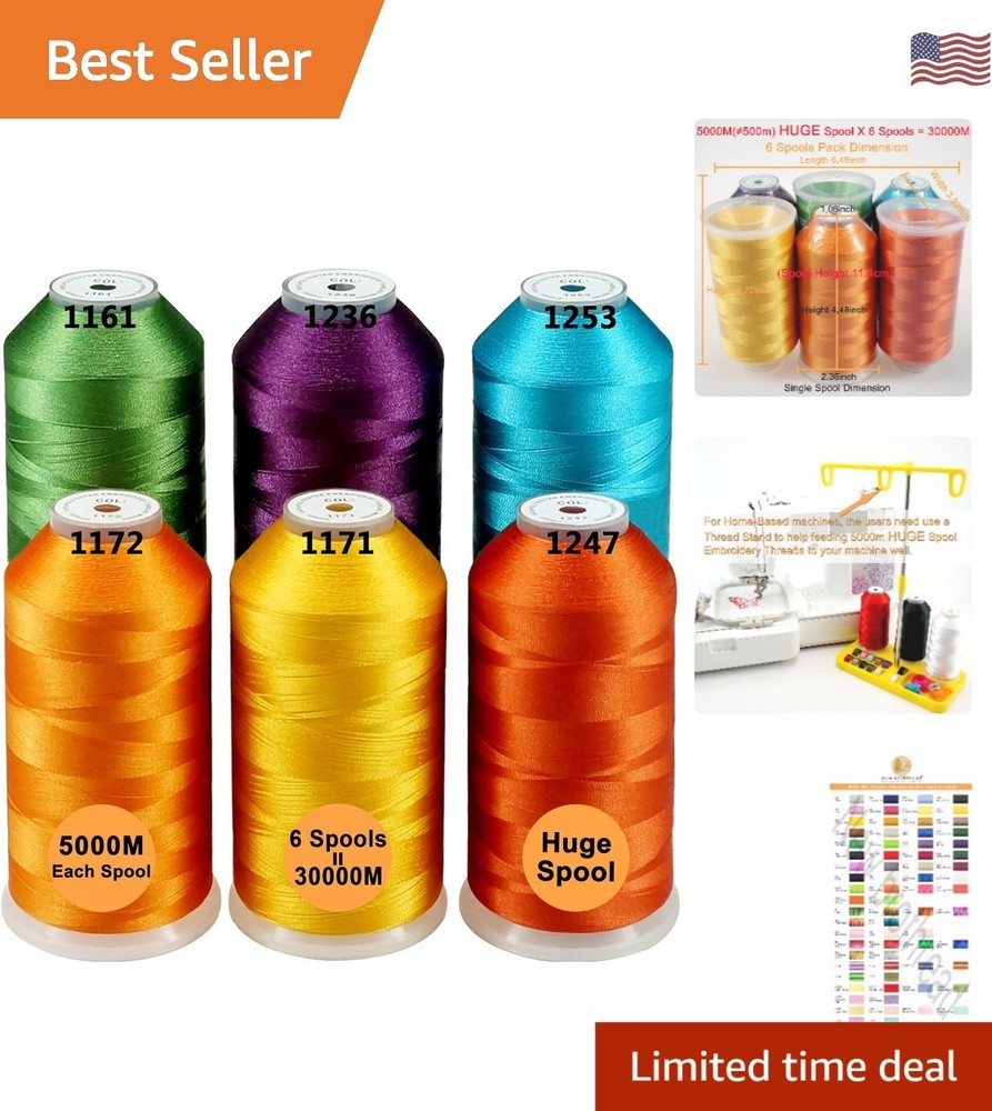 Professional Quality 5000M Polyester Thread - 6 Assorted Spools for Embroidery