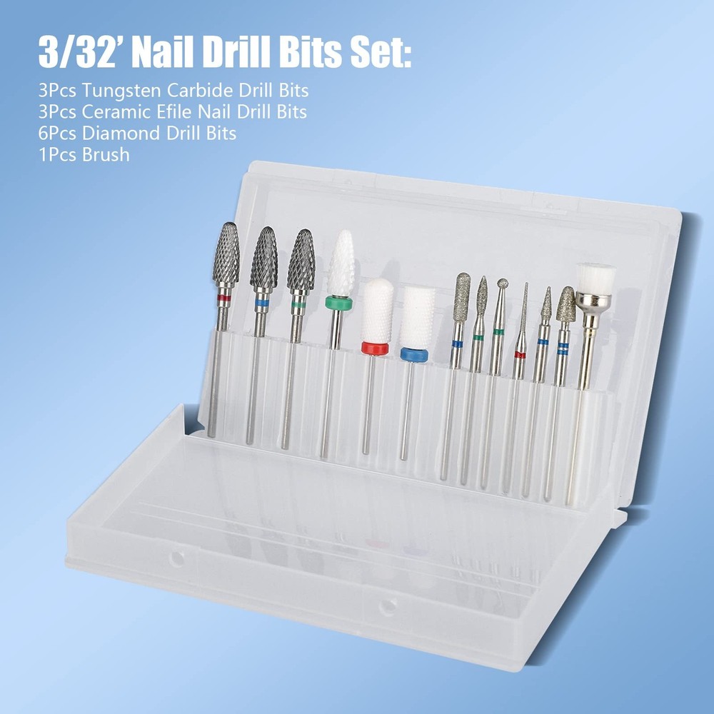 Depvko 13PC Nail Drill Bits Set for Nails, 3pcs Tungsten Carbide Bits+ Ceramic
