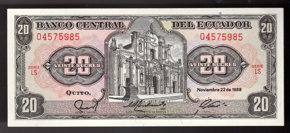 1988 Ecuador 20 Sucres  Pic# 121. UNC