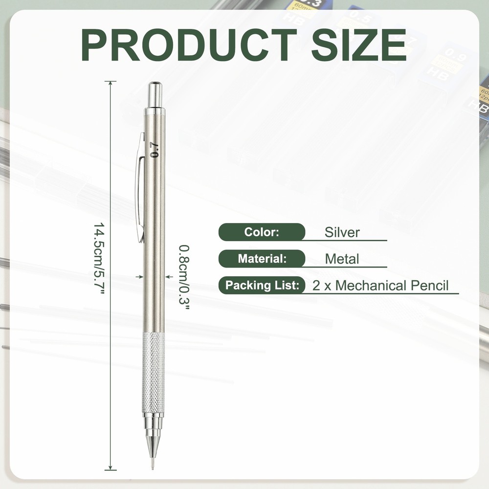 2Pcs Mechanical Pencil 0.7mm Medium Point for Drawing, Silver