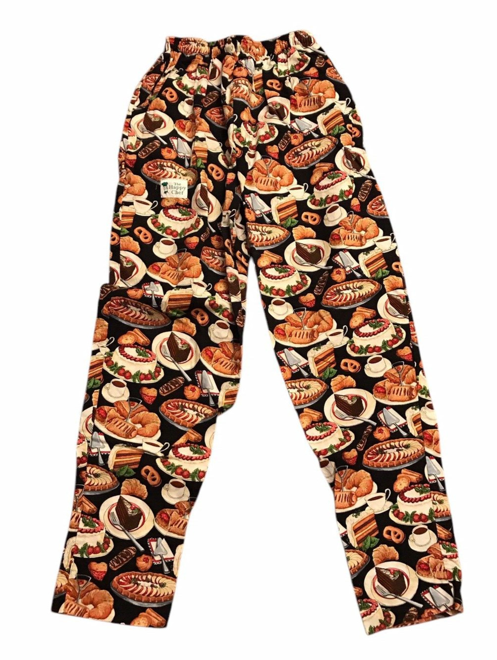 The Happy Chef Black Graphic Women Medium Chef Pants Desserts Coffee Pie