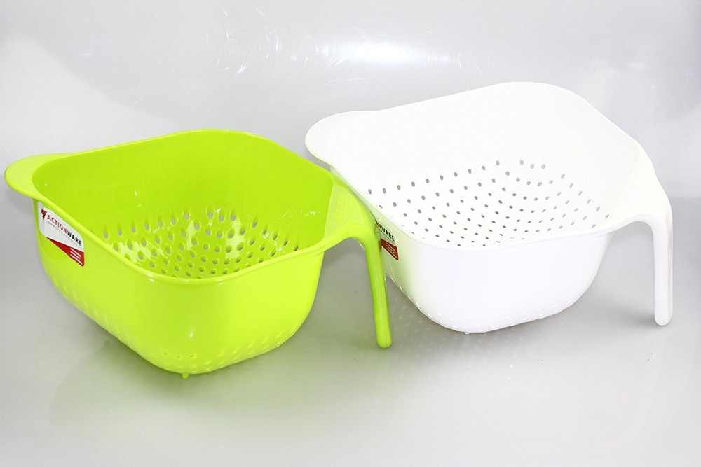 Square Colander With Vertical Handle - Over Sink Colander Sieve  GREEN & WHITE