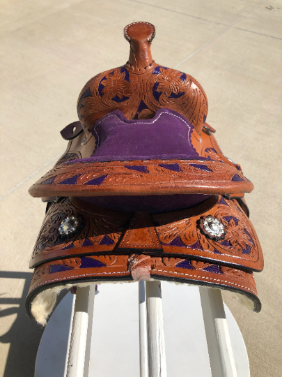 Youth Western Barrel Saddle | Floral Tooled | 8 " -Pink/Purple/Turquoise/Brown