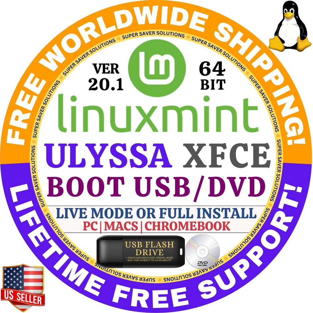 Linux MINT 20.1 USB Ulyssa XFCE 64-Bit Live Boot, Full Install MAC, PC