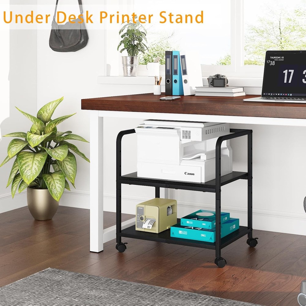 21"x15.8" Large Printer Stand W/ Storage 2-Tier Under Desk Printer Table Rolling