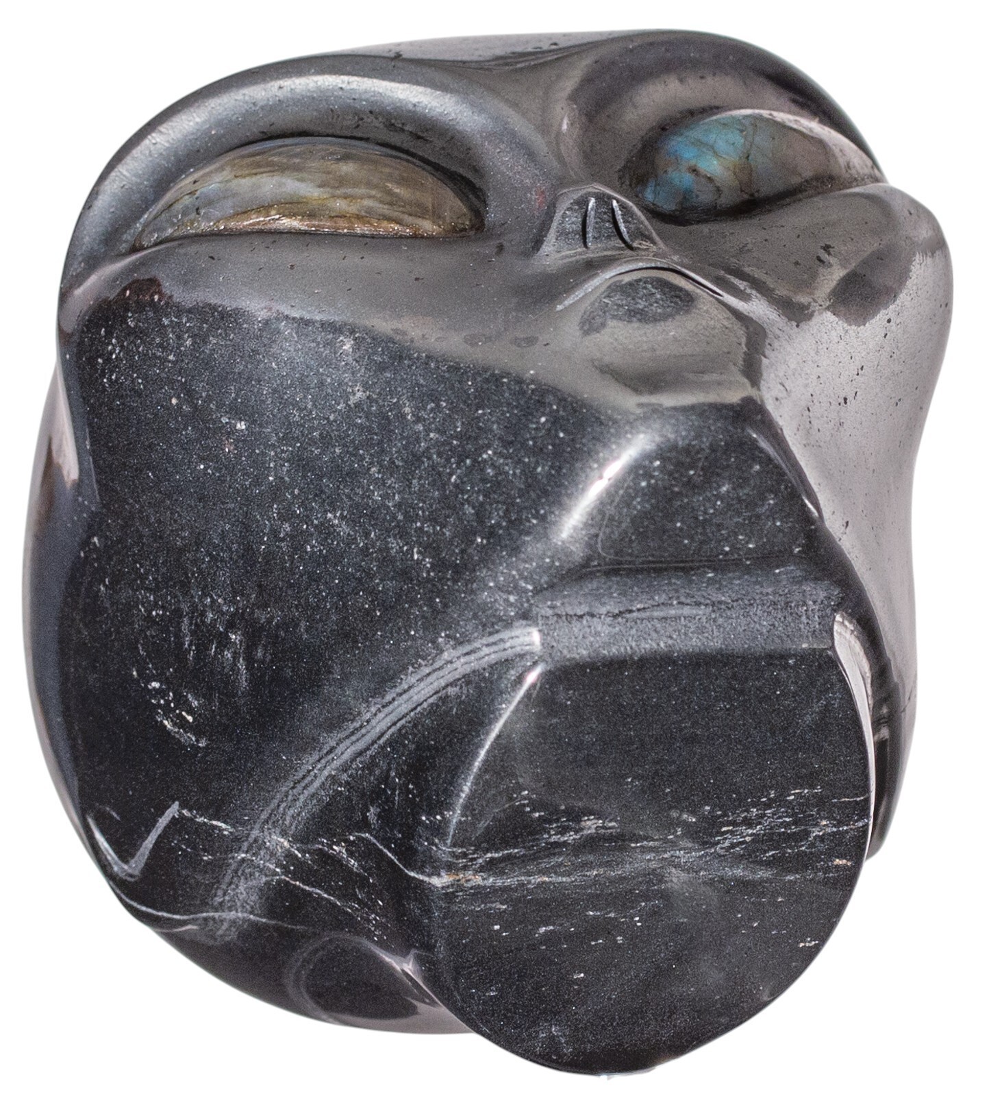 4" HEMATITE Star Being Female Alien Head Crystal Skull Labradorite Eyes Large