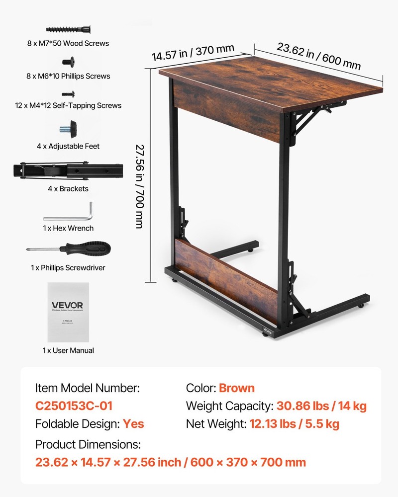 C Table,Folding C Shaped End Table with Metal Frame & Adjustable Feet,Foldable