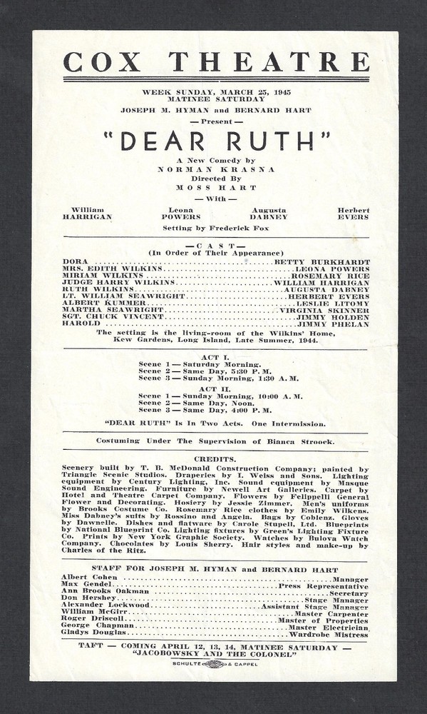 Leona Powers "DEAR RUTH" Augusta Dabney / Herbert Evers 1945 Cincinnati Program
