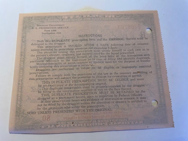 Early 1930's Prohibition Prescription for Medicinal Liquor - Quantity 1