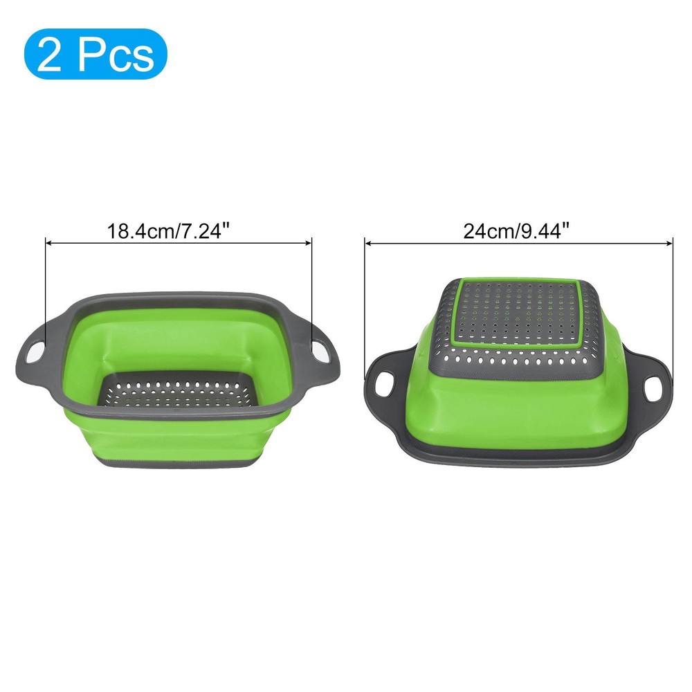 Collapsible Colander Set, 2 Pcs Silicone Square Foldable Strainer - Green Small
