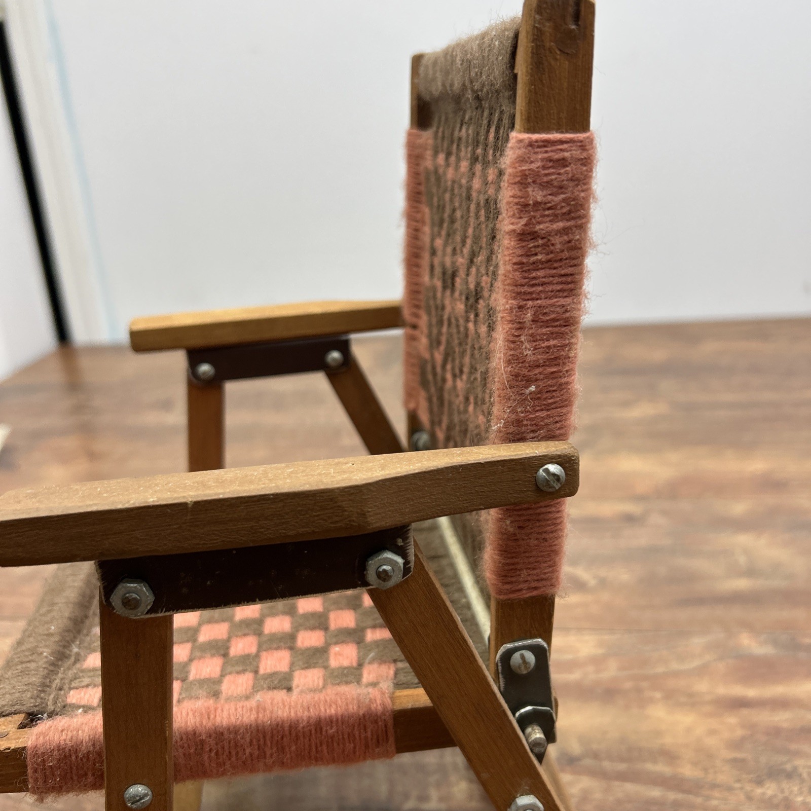 Macrame Wooden Folding Baby Doll Chair Vintage Handwoven Brown Pink ** DOLL SIZE