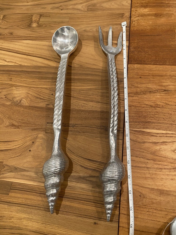 Seashell Servers Serving Spoon Fork Aluminum Large Beach Conch Coastal Silver