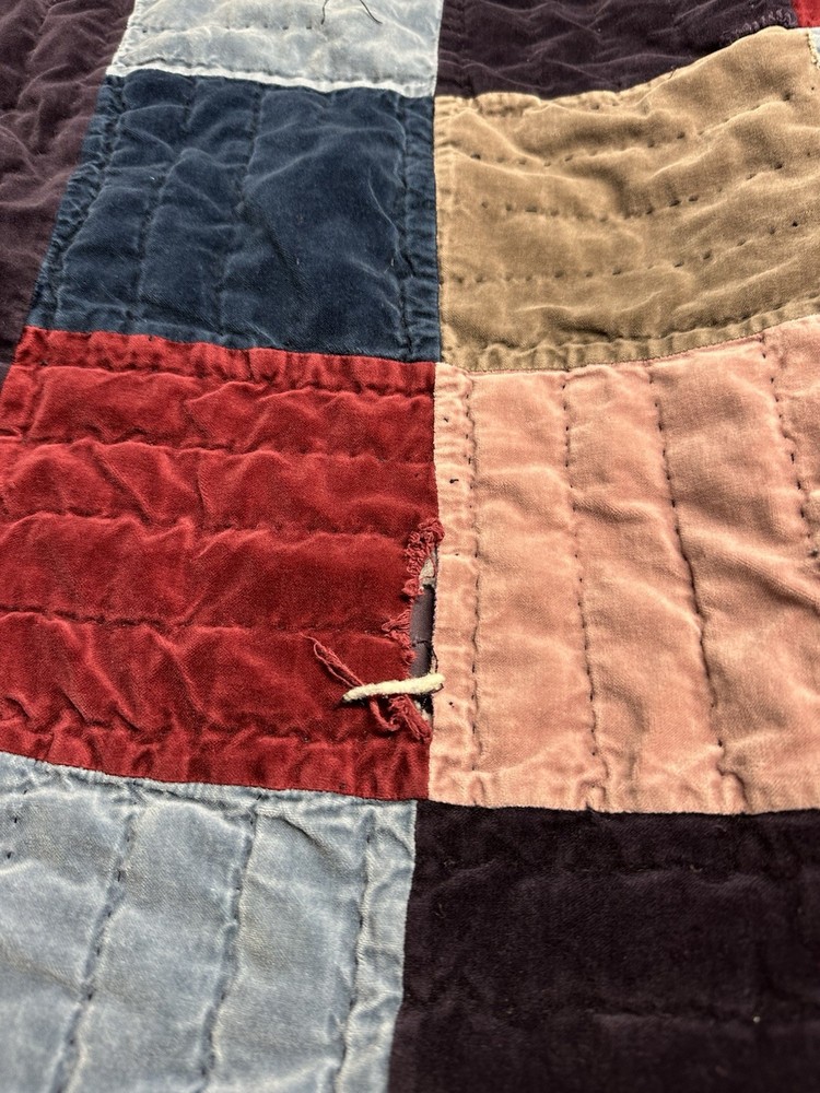 Vintage Full Size Purple Velvet Like quilt Patchwork Square pattern 80x80”