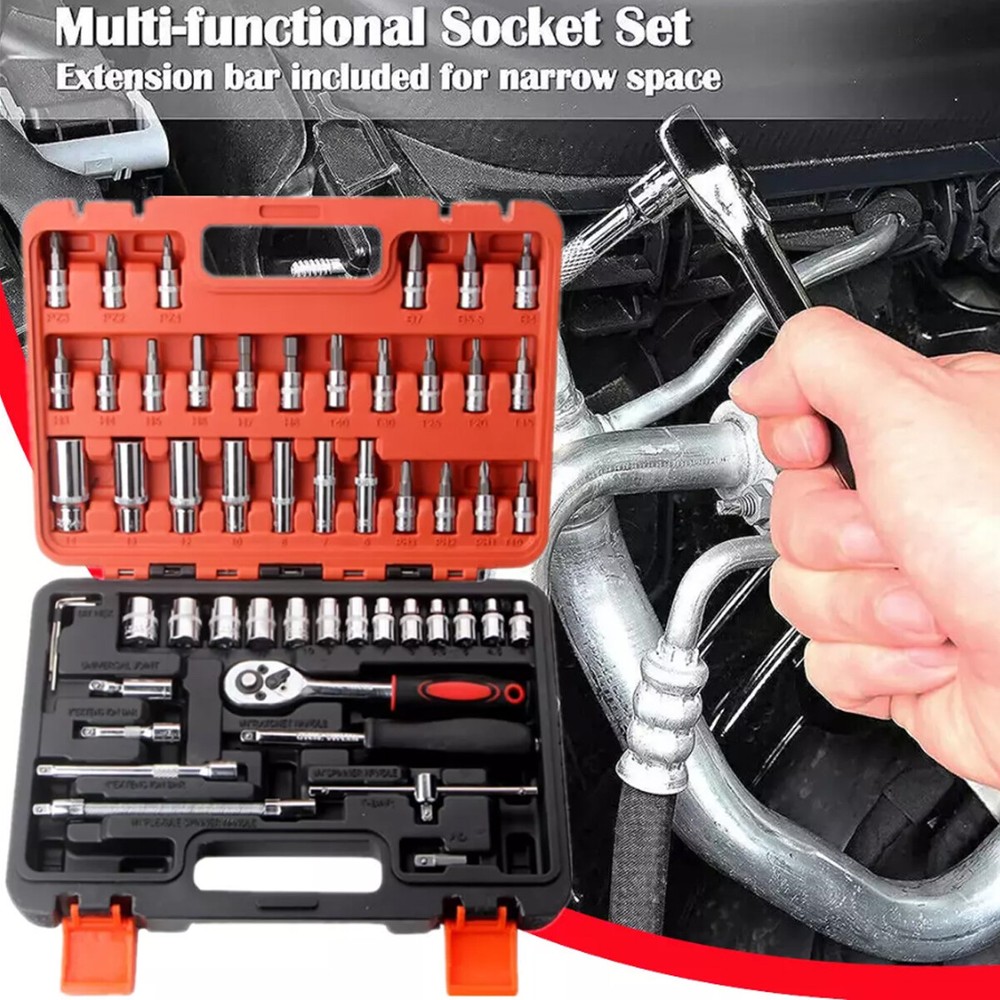 53 Pcs Socket Set 1/4" Drive Socket & Ratchet Set 6-Point SAE & Metric Tool Set