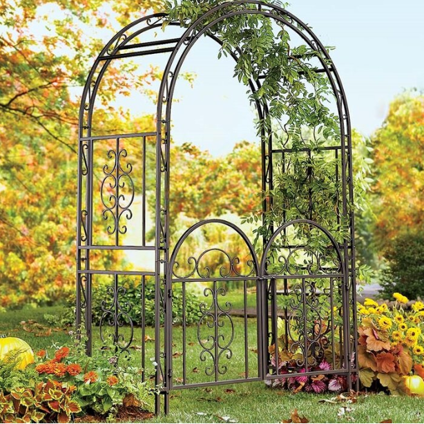 Iron Garden Arch with Gates Vintage Style Scroll Metal Arbor Vine Plant Climber