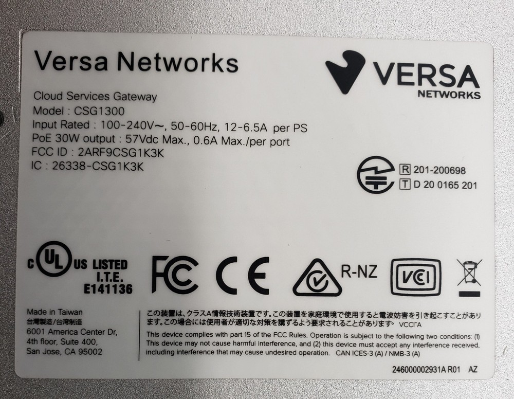 Versa Networks CSG1300 Cloud Services Gateway Without PSU