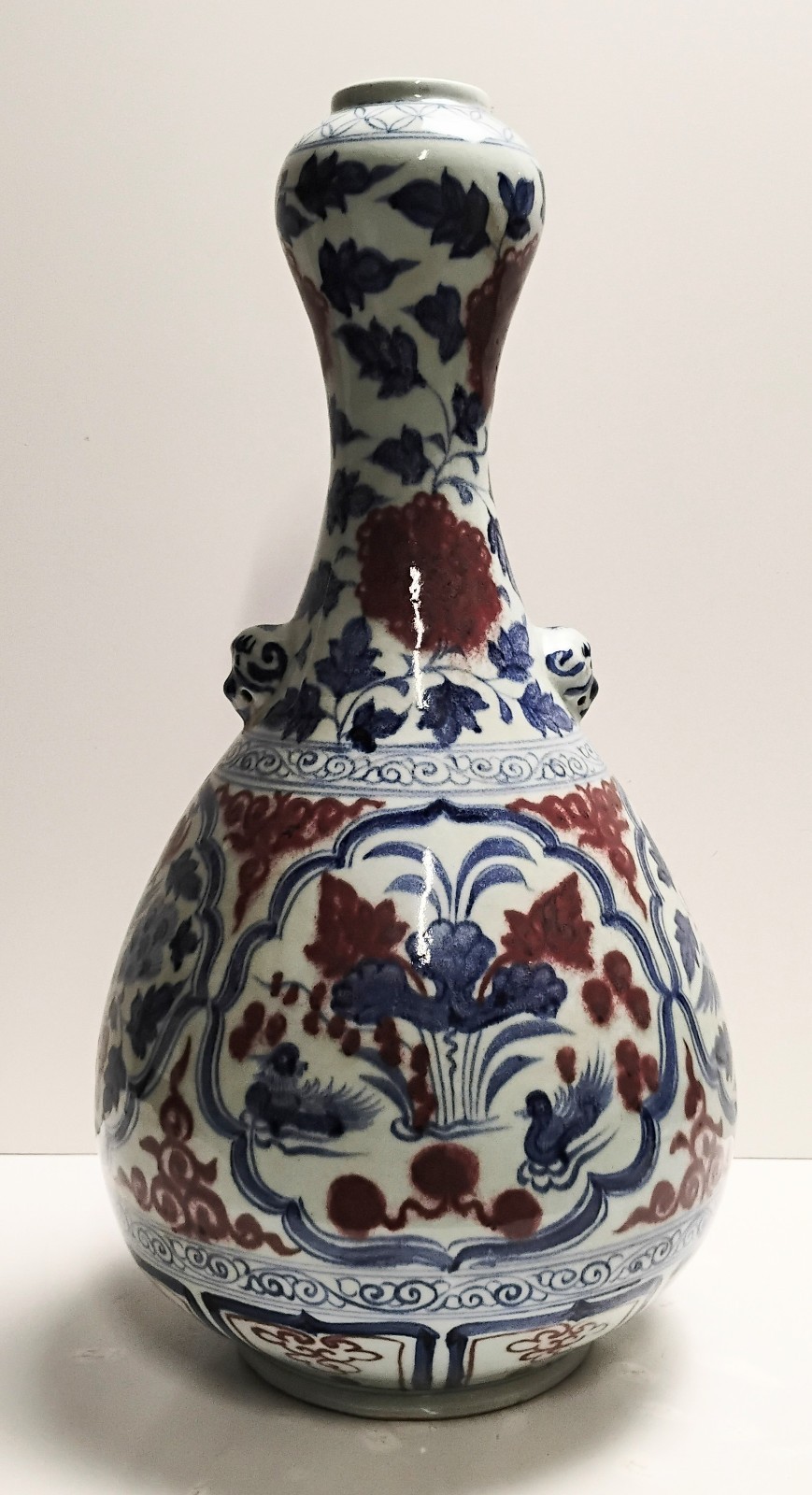 PAIR 20th Century Chinese Blue Copper Red & White Hand Painted Garlic Vase 20"