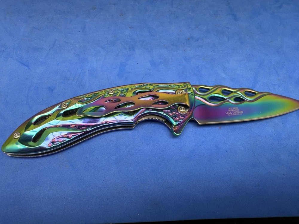 MTECH Assisted Opening Pocket Knife Rainbow Flame Cutout Fire Pattern Blade EDC