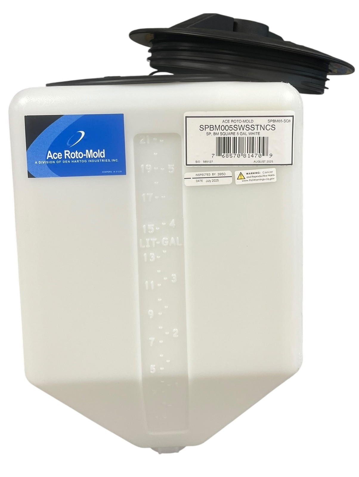 Ace Roto-Mold Blow Molded 5 Gallon Square Rinse White Tank 8" Lid - SPBM05-SQ8