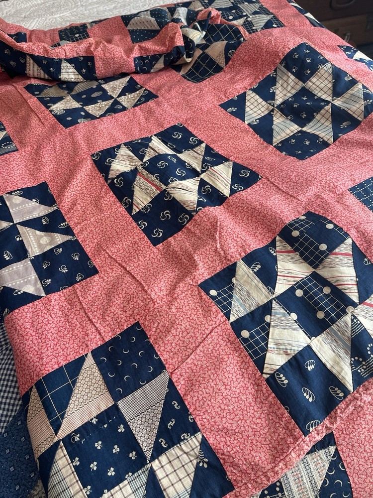 Vintage Handmade Quilt Indigo Pink Patchwork Bedspread