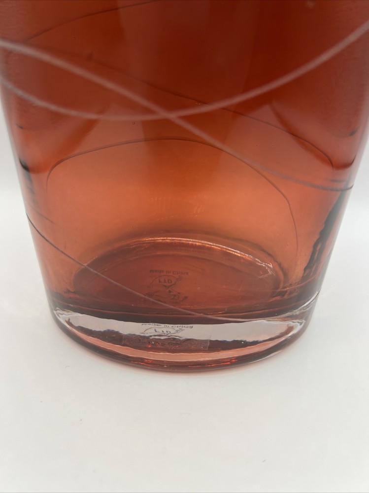 Ruby Red Etched Glass Horizontal Lines Clear Base FTD 7” Oval Top Vase