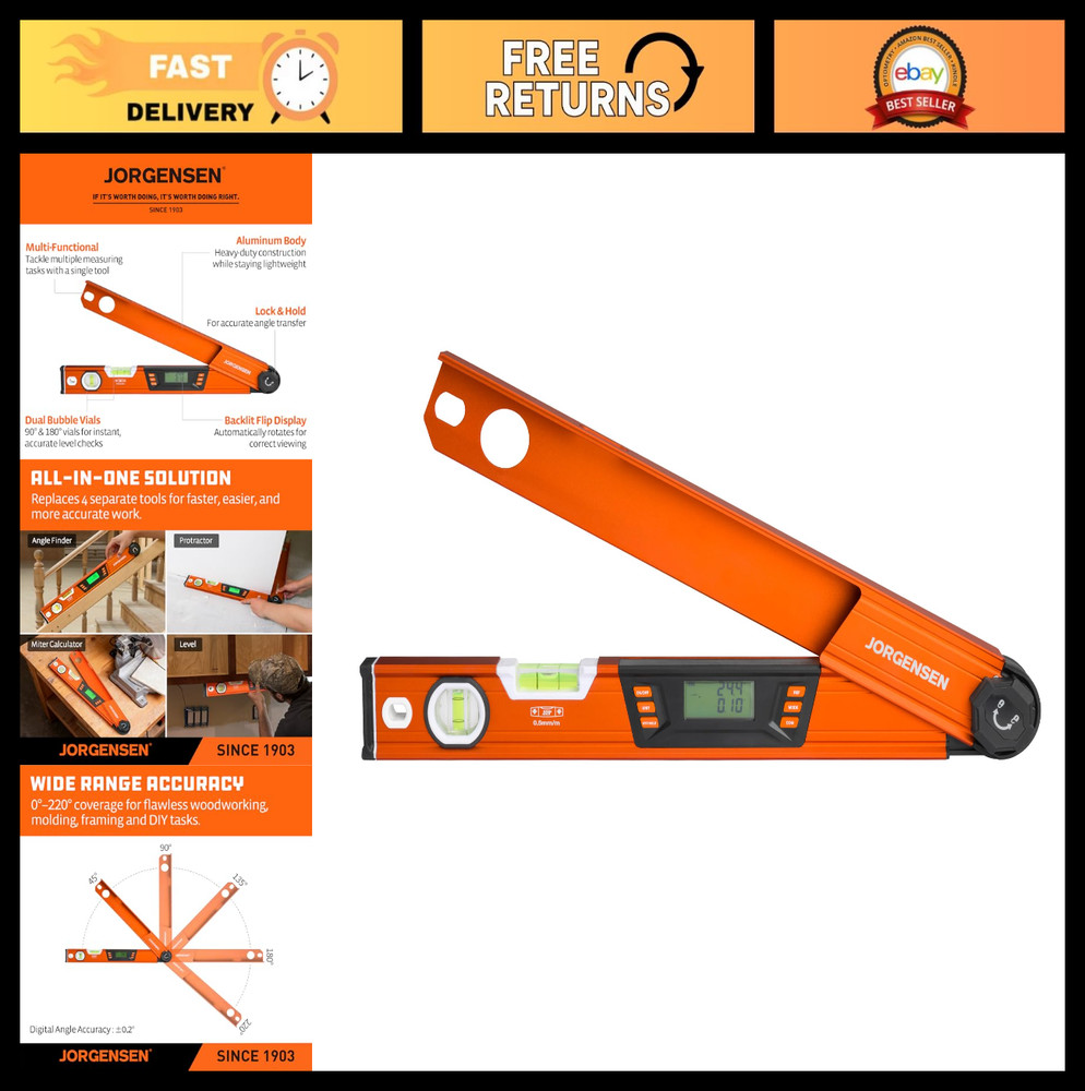 Digital Angle Finder Tool - Multi-Angle Protractor with Backlit LCD & Level Bubb